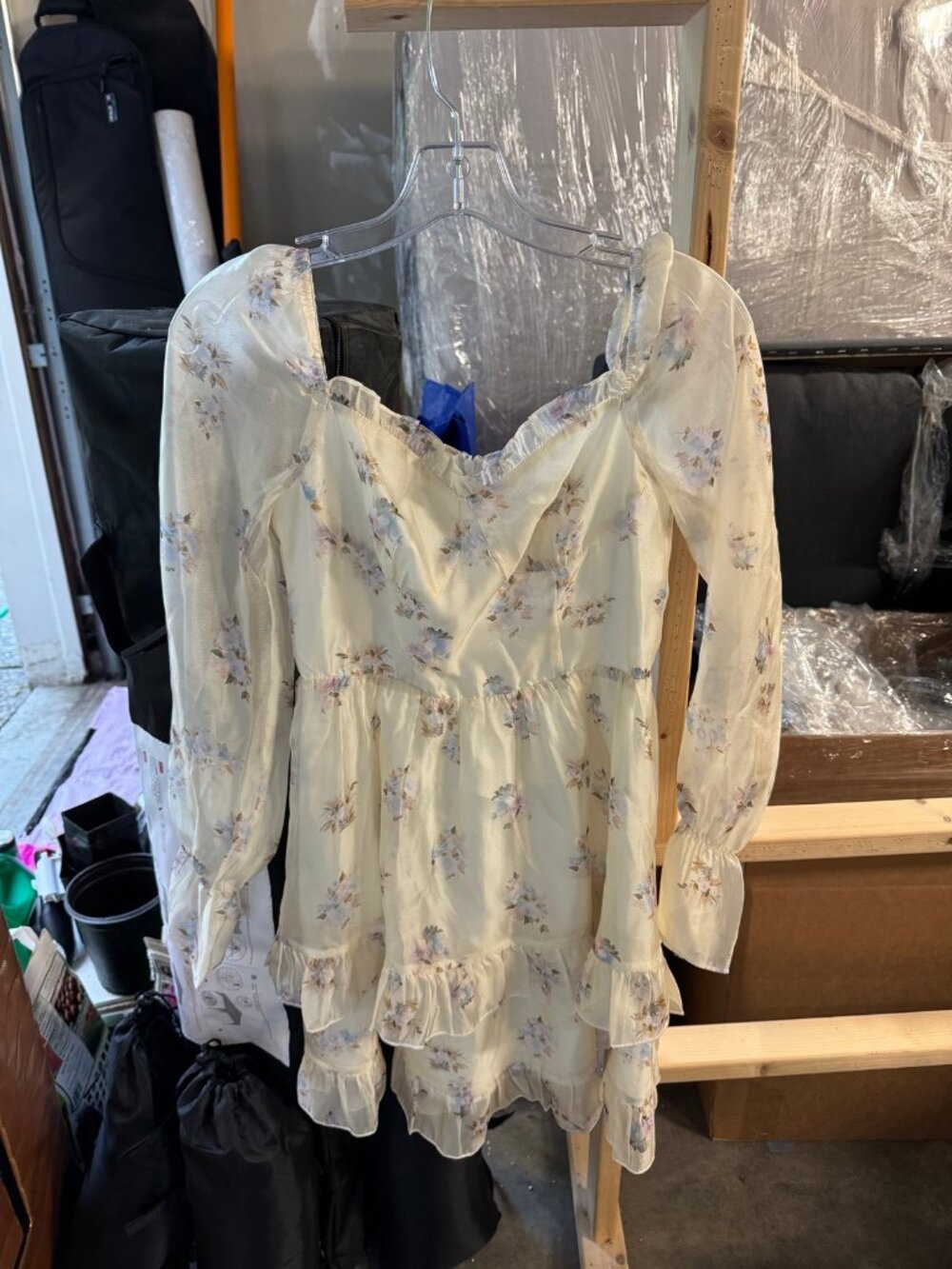 Cream Floral Chiffon Long Sleeve Dress
